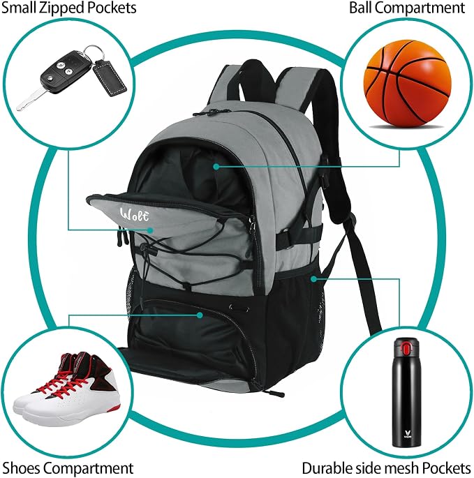 WOLT Basketball Backpack Large Sports Bag with Separate Ball Holder & Shoes Compartment, Best for Basketball, Soccer,Gym - Image 3