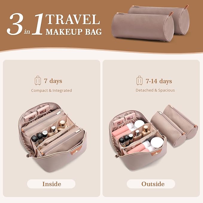 Travel Makeup Bag for Women: 3-in-1 Large Capacity Cosmetics Organizer with 2 Detachable Pouch - Vegan Leather Flat Open Toiletry Bag - Portable Travel Essentials for Full-Sized Bottles(Grey) - Image 2