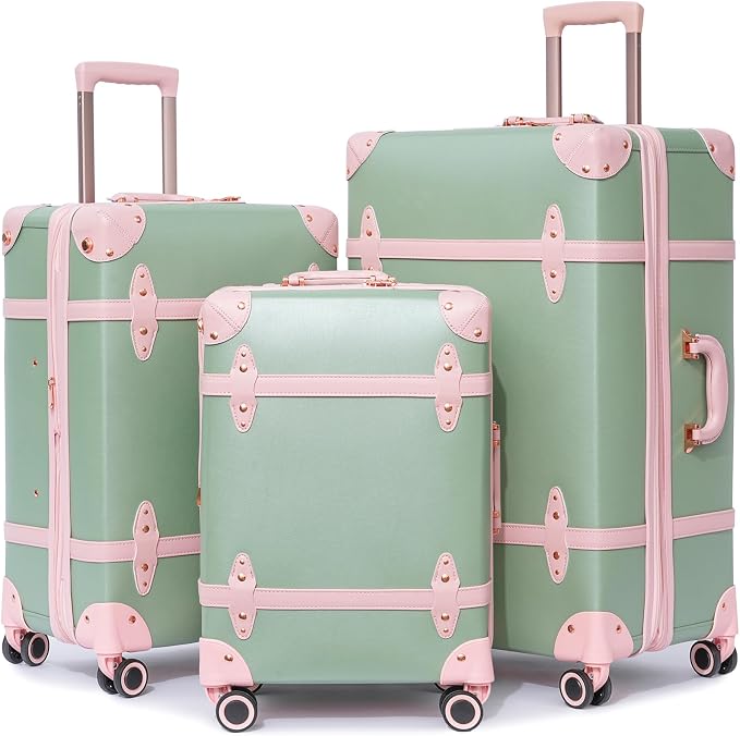 NZBZ Vintage Luggage Sets for Women Retro Suitcase Cute Vintage Expandable Luggage of 3 (Green with Pink, 20inch & 24inch & 28inch) by NZBZ