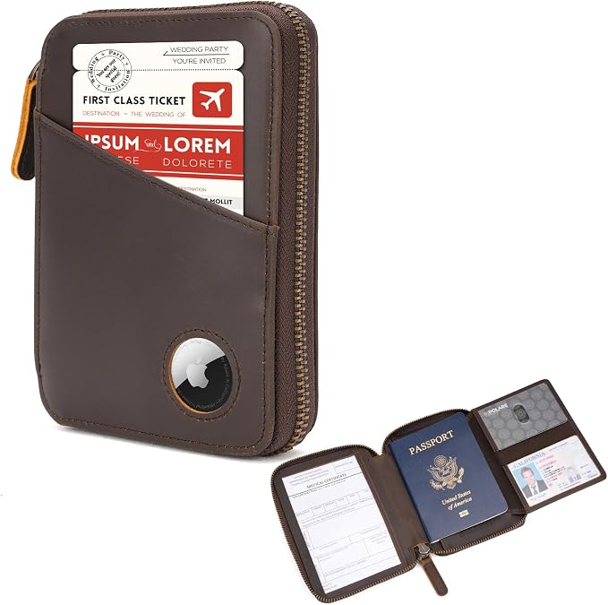 Polare Leather Pilot Wallet Passport Holder RFID Blocking Tri-fold Travel Cover Document Organizer for Aviation Professionals (Dark Brown(YKK Zipper with AirTag Slot)) by polareoriginal