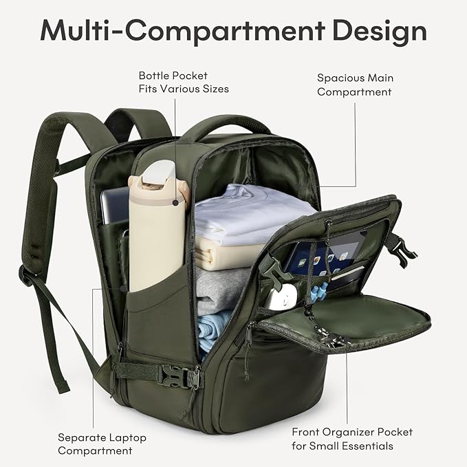 mibasies 30L Travel Backpack for Women & Men: Carry On Luggage Flight Approved, TSA Laptop Backpack with Water Bottle Pocket, Personal Item Bag Fits 15.6" Laptop for Weekender Business - Deep Green - Image 4