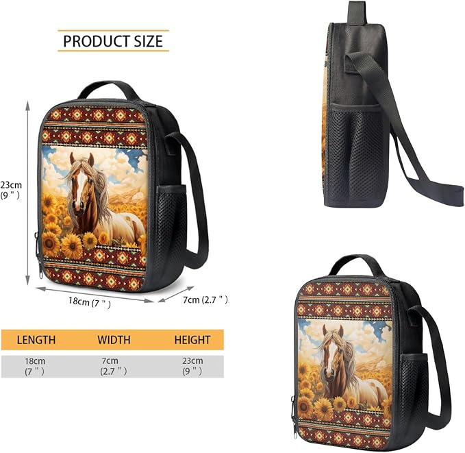 Coloranimal Aztec Western Horse 3Pcs Backpack Set Sunflower School Bag Lightweight Book Bag Mini Lunch Bag Pencil Case for Teen Boys Girls Rucksack - Image 3