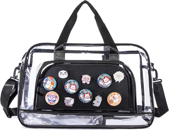 Clear Duffle Bag for Women with Anime Pins Display & Shoe Compartment, Waterproof and Convertible Crossbody for Anime Conventions, Stadium Events, Yoga, Travel & Gym (black) - Image 8