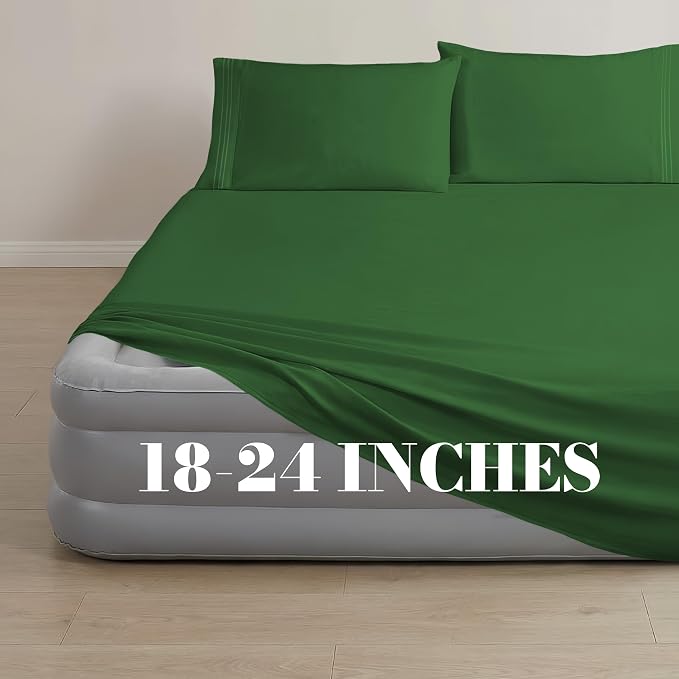 Mocassi 4-Piece Extra Deep Pocket 16-24 Inch Air Mattress Bed Sheet Set- 4PC Sheet Set with Smart Pockets Ideal for Air Beds, RVs, Camping and Guest Rooms Premium Hotel Quality, King, Hunter Green - Image 3