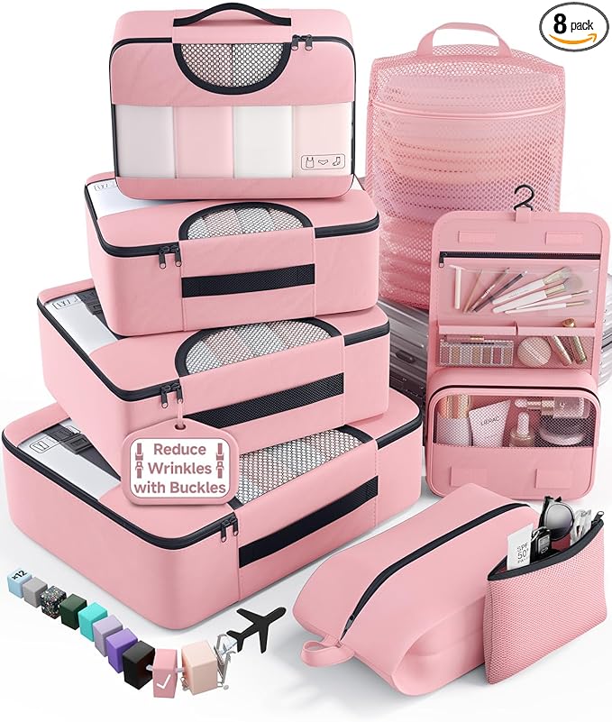 Veken 8 Set Packing Cubes for Travel Essentials,Anti-Wrinkle Buckled Suitcase Organizer for Shoe & Toiletry Bag,Carry On Luggage Bag with 99+ Count Mesh Holes for Airplane & College Dorm Accessories by Veken