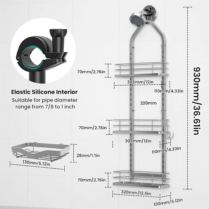 Shower Caddy Hanging (Silver), Adjustable Anti-Swing-Over The Shower Head Caddy, 3 Tier Height Bathroom Storage Organizer, Bathroom Shelves Basket Rack, Shower Caddies Rack with Adjustable Soap Basket - Image 6