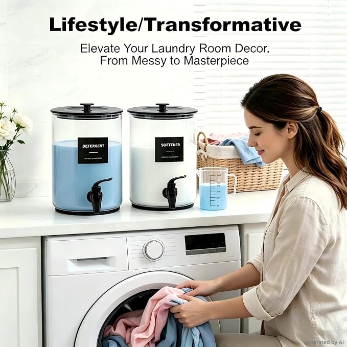 Glass Laundry Detergent Dispenser,1 Gallon Large Liquid Soap,2 Pack(Black) | Complete borosilicate jars set with leakproof spigots, protective silicone mats, minimalist labels, and dosing cups. - Image 4