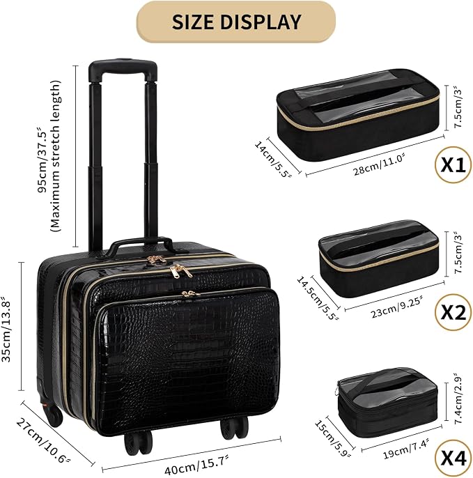 OCHEAL Rolling Makeup Train Case,with 7 Pcs Clear Makeup Bags, 18" Carry On Travel Cosmetic Organizer Suitcase,Extra Large Storage Trolley Makeup Case On Wheels for Hairstylist Cosmetology Artist - Image 4