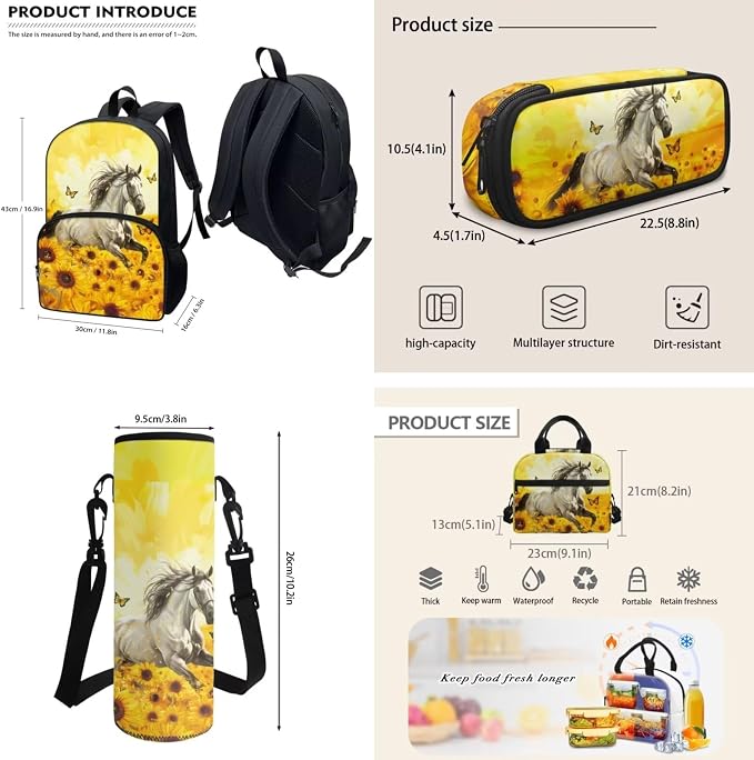 POLERO Sunflower Horse Backpack with Lunch Box for Girls Kids Pencil Case Water Bottle Holder School Bag Set for First Grade - Image 4