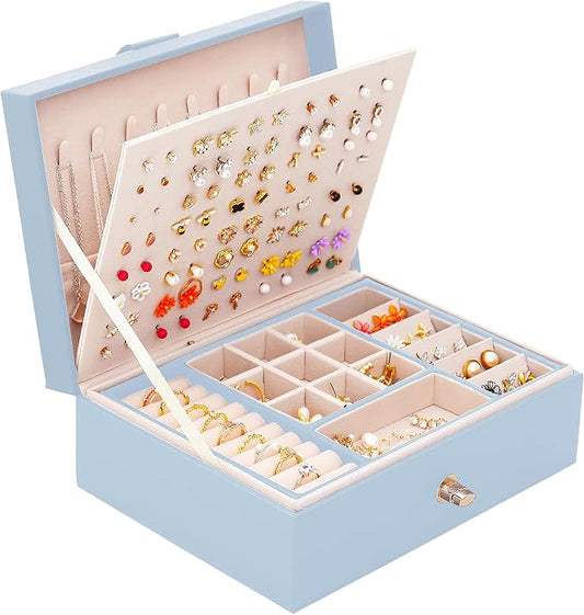 QBestry Girls Jewelry Box Earring Holder Organizer for Girls Jewelry Organizer Box Stud Earrings Organizer for Girls Womens Blue Jewelry Box for Earrings and Necklaces Rings Stud Earrings Box for Teen by QBestry