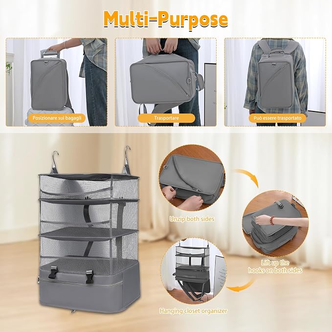 Hanging Packing Cubes for Travel - 300D Oxford Fabric Suitcase Organizer Hanging | Foldable Storage for Clothes, Shoes & Toiletries | Multi-Scene Gray Hanging Packing Cube (gray, l) - Image 6