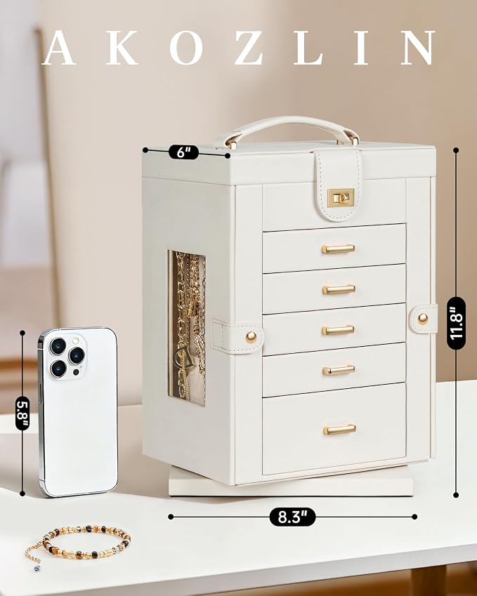 AKOZLIN 6-Tier Jewelry Box Organizer Functional 5 Drawers Leather Jewelry Storage Case for Women Girls Ring Necklace Earring Bracelet Holder Organizer with Mirror White 360° Rotating - Image 6
