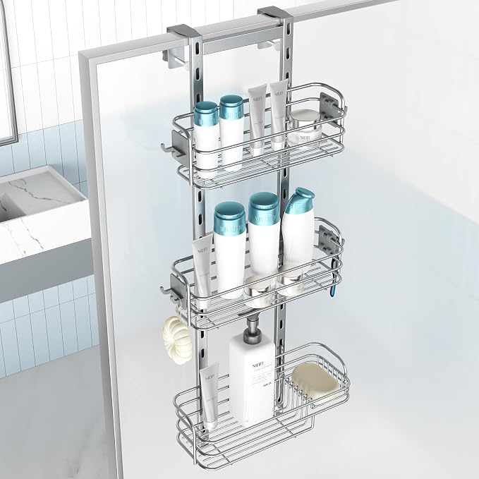 Nieifi Over The Door Shower Caddy, Adjustable Hanging Shower Organizer | Adjustable hanging baskets, 4 hooks, large capacity, rustproof steel, pantry organizer, drill free, for bathroom, silver - Image 8