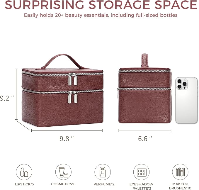 BAGOK Double Layer Makeup Vanity Case, Large Capacity Cosmetic Bag with Removable Divider & Brush Organizer, Travel Toiletry Bag for Women, Portable PU Leather Organizer with Handle - Image 8