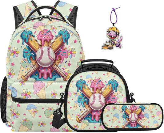 Ice Cream Baseball Bat Backpack & Lunch Box Set for Girls Ages 8-12 3rd 4th 5th Grade, 4-Piece School Bag with Pencil Case & Dinosaur Charm, Large Capacity Bookbag by Dremagia