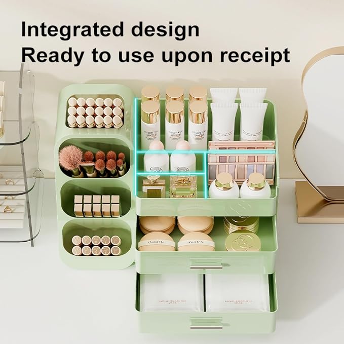 Booklov Large Makeup Organizer for Vanity and Bathroom Countertop, Green | Plastic Cosmetic Display Case with Drawers, Beauty Brush Holder for Dresser Counter Skin Care Eyeshadow Lipstick Storage - Image 4