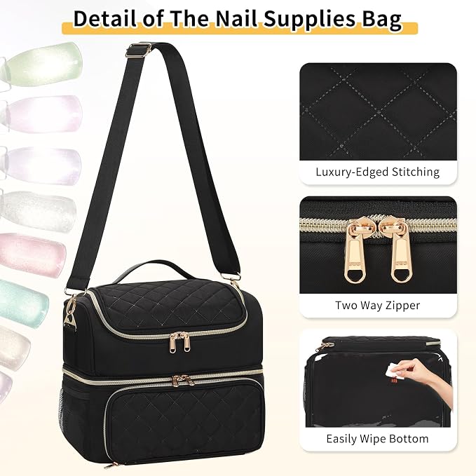CUBETASTIC Nail Polish Organizer & Storage Bag for 48 Bottles & Full-Size Lamp, Double-Layer Travel Case Box for Nail Supplies, Manicure Kit & Pedicure Tools (Black, 48 Slots) - Image 5