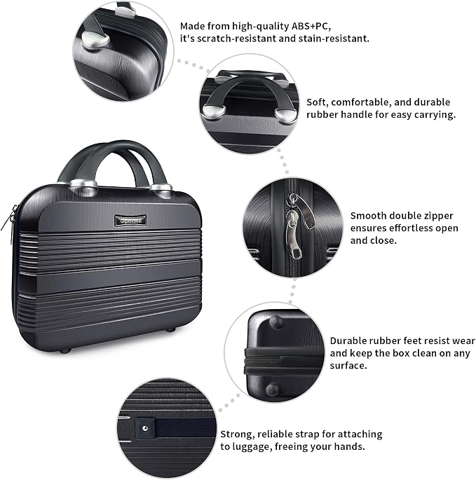 14 Inch Waterproof Hard Shell Travel Makeup Case (Black) | ABS Scratch-Proof, Carrying Cosmetic Organizer Case with Elastic Band, Train Case, Mini Suitcase Vanity Case for Women Girl - Image 4
