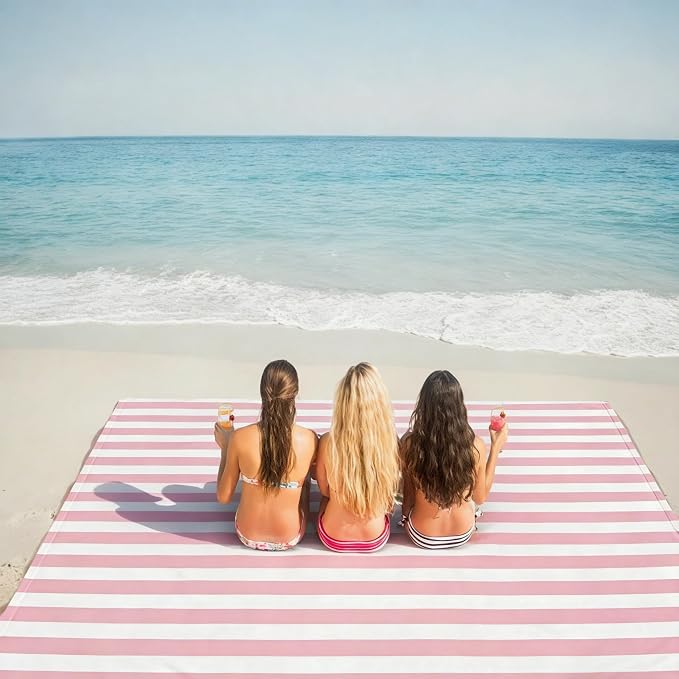 Beach Blanket Waterproof Sandproof, Large 9x10 FT Picnic Blankets for 2-8 Adults with Stakes, Sand Free Compact Pocket Beach Mat, Beach Essentials Necessities Accessories Must Haves-Pink Stripe - Image 3