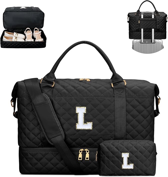 Gifts for Women Initial Travel Duffle Bag Quilted Weekender Carry-On Overnight with Cosmetic Bag, Gym Bag with Shoe Compartment Hospital Bag for Labor Delivery, Black L by Unknown