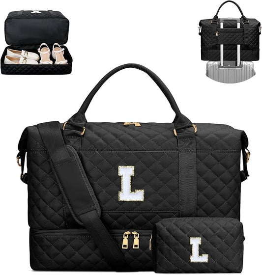 Gifts for Women Initial Travel Duffle Bag Quilted Weekender Carry-On Overnight with Cosmetic Bag, Gym Bag with Shoe Compartment Hospital Bag for Labor Delivery, Black L by Unknown