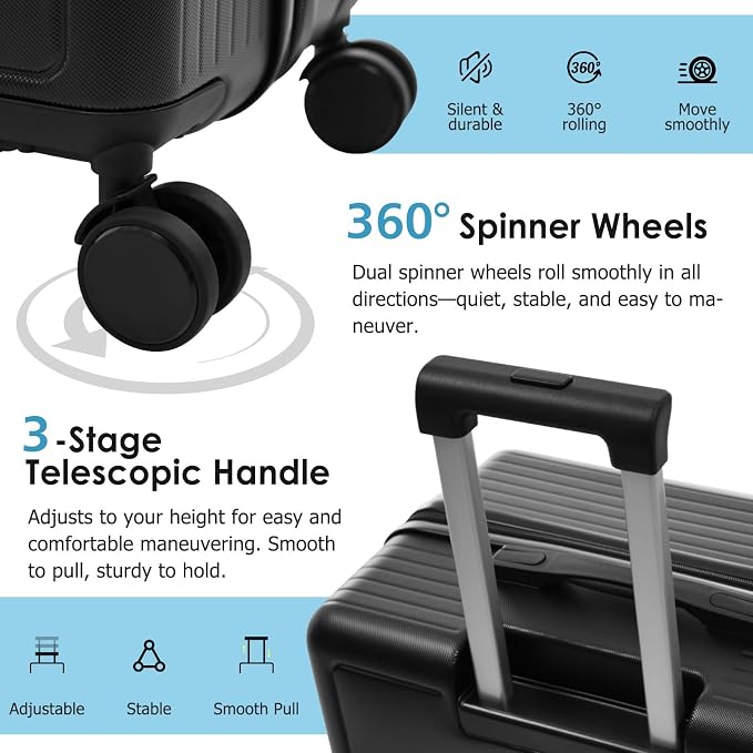 Hardshell Luggage Sets, Lightweight Stripes Suitcases with Spinner Wheels, Black1 - Image 3