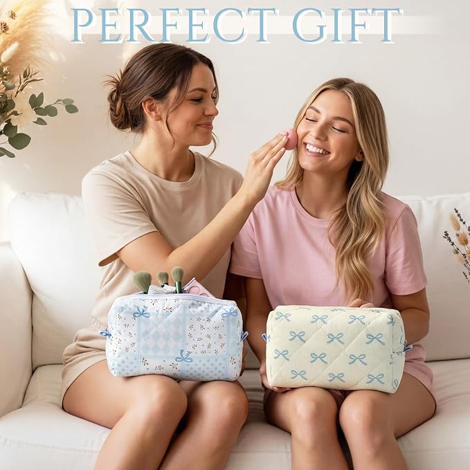 Paterr 10 Pcs Quilted Makeup Bag Bulk Cotton Floral Cosmetic Bag Women Girls Bridesmaid Gifts Cute Makeup Pouch Coquette Aesthetic Travel Toiletry Organizer(Blue Bow,6.30 x 3.94 Inches) - Image 4