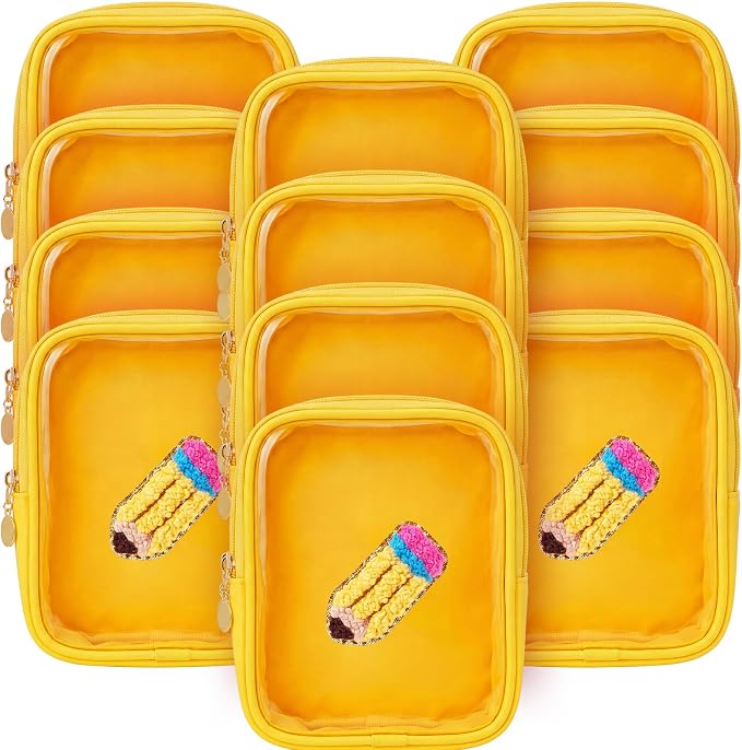 12 Pack Back to School Clear Makeup Bag PVC Cosmetic Pouch with Yellow Crayon Embroidery Small Waterproof Leather Travel Bag for Women, Teacher Appreciation Gifts by Unknown