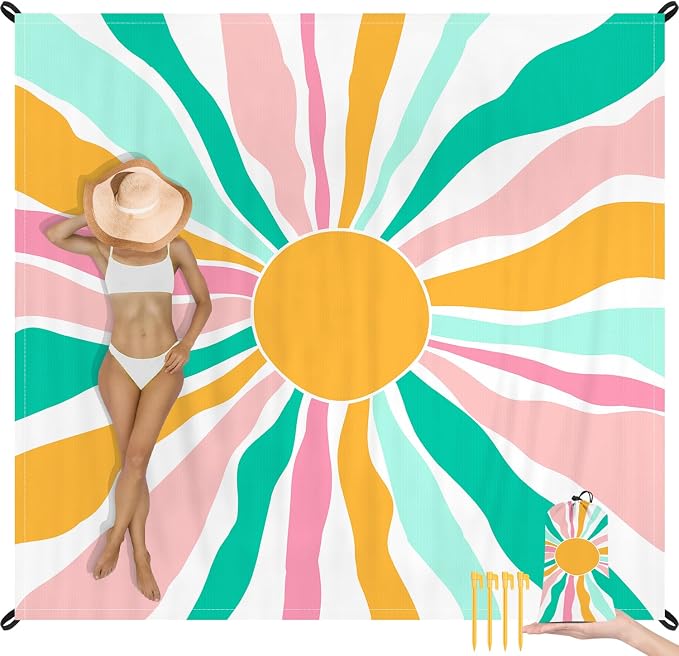 Beach Blanket Waterproof Sandproof, Large Picnic Blankets with Stakes and Storage Bag, Lightweight Quick Drying, Compact Beach Mat Vacation Essentials for Outdoors, Camping, Trips-Spring Sunshine by WelcometoADecor