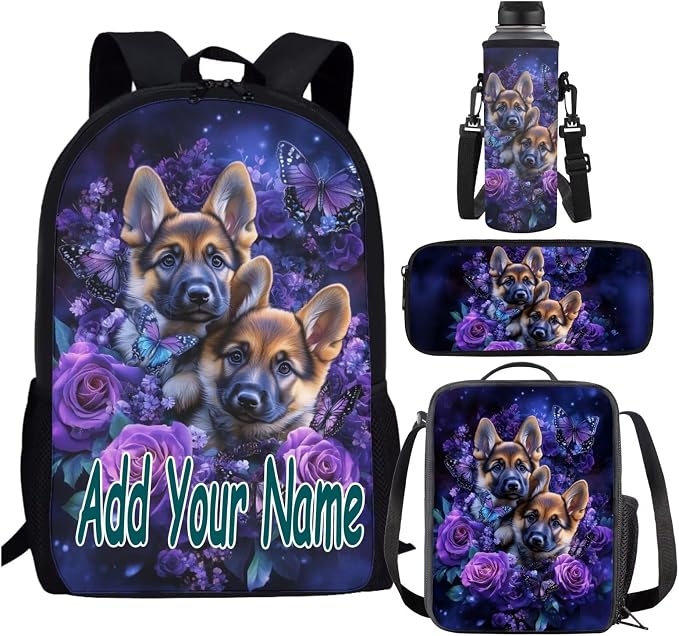Custom German Shepherd Backpack with Lunch Box Kids Girls 6-8/8-10 Butterfly Personalized Bookbag for 1st Grade Rose Elementary School Back Pack Lunchbox Pencil Case Water Bottle Holder by SCRAWLGODDreamWardrobe