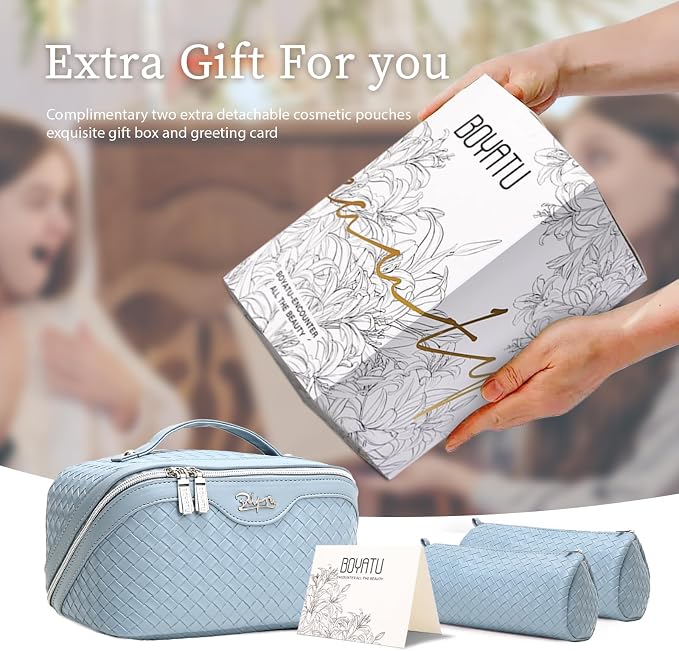 BOYATU Travel Makeup Bag Cosmetic Bags for Women: Large Capacity 3 Pcs Set Make up Bag with Compartments - Waterproof Vegan Leather Toiletry Organizer Bags with Handle (L04 Light Blue) - Image 6