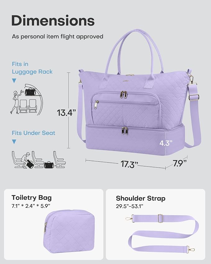 HOTOR Travel Duffle Bag for Women - Carry on Bag with Toiletry Pouch & Shoe Compartment, Large Overnight Weekender Bags for Gym, Business Trips, Sports and Hospital, Purple, 17.3" x 7.9" x 13.4" - Image 2