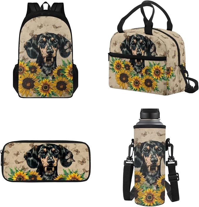 4 pcs Kids Backpack Set, School Supplies Include School Bags Book Bag with Insulated Lunch Bag Kit Pen Bags Water Bottle Sleeve Set for Kids Teens Boys Girls, Dachshund Sunflower by Tomeusey