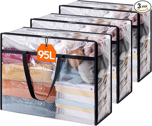 Lifewit 3 Pack Clear Clothes Storage Bags, 95L Plastic Blanket Storage Bag, Vinyl Foldable Moving Bags with Zipper, Closet Organizers and Storage Containers for Bedding, Duvet, Comforter by Lifewit