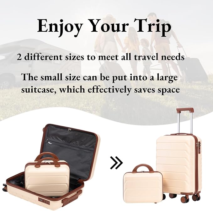 2-Piece ABS Hard Shell Lightweight Carry-On Luggage Set (14" & 20"), 360-Degree Spinner Wheels, Adjustable Telescopic Handle and Combination Lock for Travel, Beige - Image 5