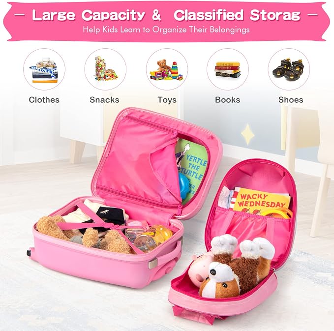 HONEY JOY Kids Luggage, 12" Toddler Backpack & 16" Travel Suitcase with Wheels, Lightweight Toddler Girls Suitcase, Durable ABS Hardshell, 2Pcs Carry On Luggage Set for Boys Girls(White Horse) - Image 5