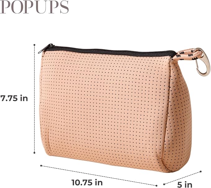 POPUPS Large Makeup Bag with Zipper, Tan - Waterproof Neoprene Cosmetic Bag 7.7 x 10.75 x 5 inches - Image 3