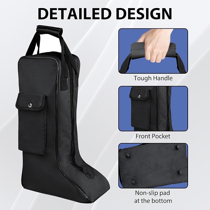 Portable Riding Boot Bag for Tall Boot, Oxford Equestrian Boot Bag with Handle, Cowboy Boot Travel Bag with Outer Pocket for Cowboy Boots, Snow Boots, Travel and Daily Use - Image 2