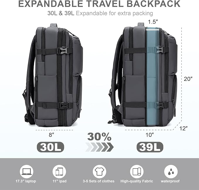 BAGOK Carry On Travel Backpack, 35L-40L Expandable Extra Large Airline Approved,Lightweight Daypack for Men and Women（Gray） - Image 2