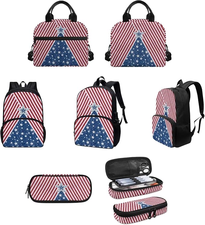 Red American Flag Stripes Stars Backpack Set for Girls Kids Lightweight Cute School Backpack with Lunch Box Pencil Case Adjustable Strap Padded Book Bag Insulated Lunch Bag - Image 3