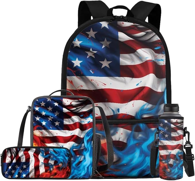 American Flag Backpack for Boys Kids Backpack with Lunch Box Water Bottle Pouch and Soft Pencil Case 4PCS Set Bookbag with Front Pocket for School Teens 17 inch School Bag with Side Pocket by ELEDIZI