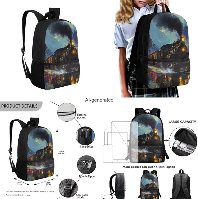 Train Backpack for Boys Kids Backpack with Lunch Box Water Bottle Carrier and Zipper Pencil Case 4PCS Set Bookbag with Front Pocket 17" Large Capacity Elementary School Bag for Back to School - Image 3