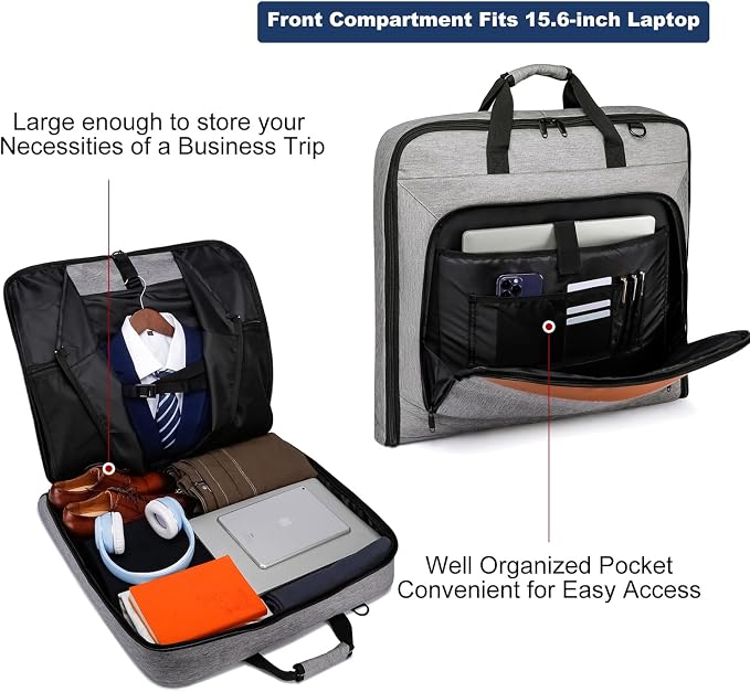 Garment Bag Travel Suit Bag Large 40-Inch Carry on Bag Up to 3 Suits,2 in 1 Hanging Luggage Bags, Fits 15.6Inch Laptop - Image 3