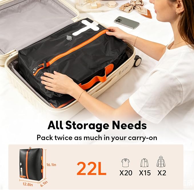 Travel Vacuum Bags with Shoulder Strap & Mini Pump – IP67 Waterproof Vacuum Seal Reusable 22L Carry-On Compression Bags for Clothes, Suitcase & Luggage(2-Pack,Black) - Image 5