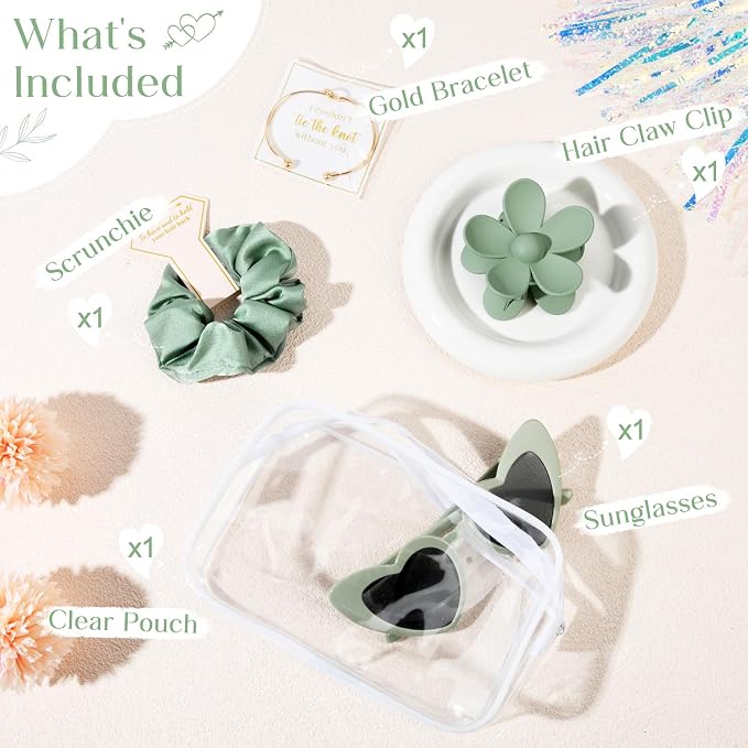 DEEKA 5 Pcs Bridesmaid Proposal Bag Set Gift Clear Makeup Toiletry Bag Bachelorette Party Favors Sunglasses Flower Claw Clips Scrunchies Knot Bracelets Bridal Wedding Party Gifts (Sage Green) - Image 2