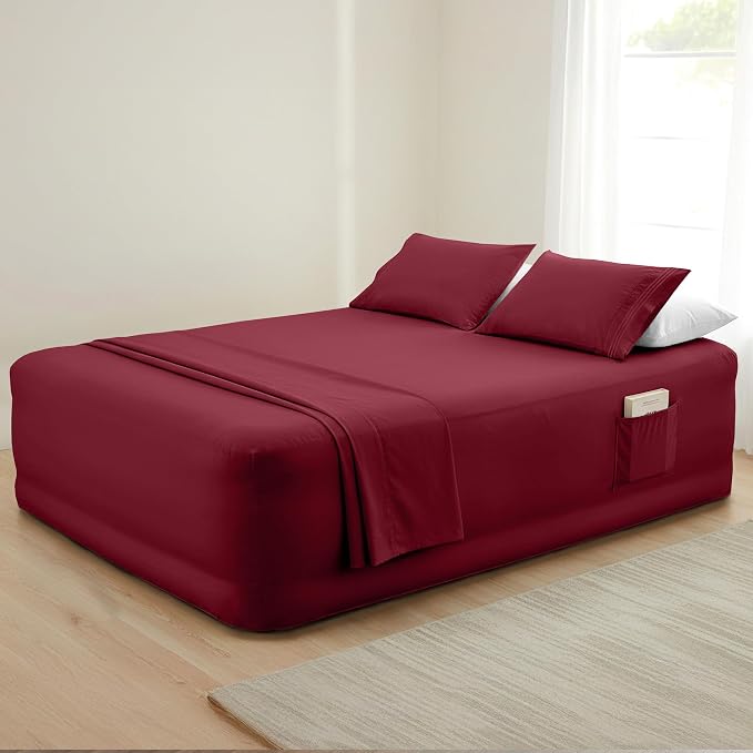 Mocassi 4-Piece Extra Deep Pocket 16-24 Inch Air Mattress Bed Sheet Set- 4PC Sheet Set with Smart Pockets Ideal for Air Beds, RVs, Camping and Guest Rooms Premium Hotel Quality, Twin XL, Burgundy - Image 7