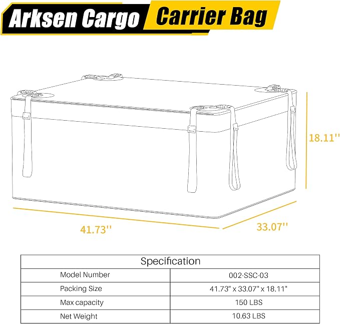 ARKSEN Roof Top Luggage Storage Bag for 43" x 39" Roof Baskets Waterproof 14.5 Cubic Feet (41.73" L x 33.07" W x 18.11" H) with 8 Straps Anti-Slip Mat 4 Door Hooks for All Vehicles with/Without Rack - Image 7