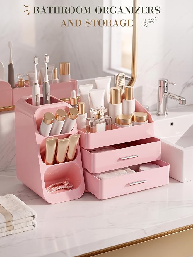 Makeup Organizer with Drawers,Large Capacity Countertop Organizer for Vanity,Bathroom and Bedroom Desk Cosmetics Organizers,Easy To Storage Skincare,Brushes,Lotions (All Pink) - Image 5