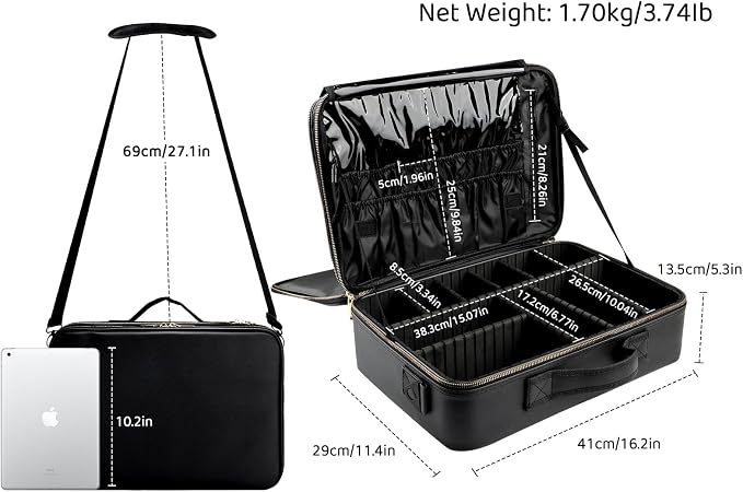 Travel Makeup Train Case,Large Capacity Cosmetic Bags for Women,Portable Makeup Bag Organizer with Adjustable Dividers & Shoulder Strap(Black, L) - Image 2