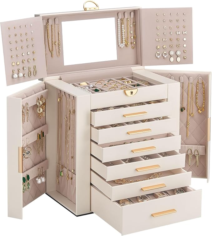 Lolalet Large Jewelry Box Organizer for Women, 7-Layer Jewelry Organizers and Storage Case with Mirror & 6 Drawers, Lockable Watch Ring Earring Bracelet Necklace Holder Girls Gift -7Layer, Beige by Lolalet